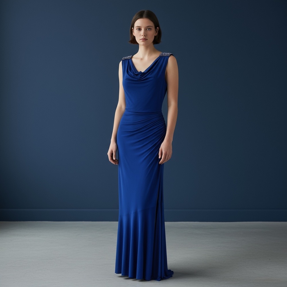 Tahari sapphire blue mermaid Stretch  Gown size 4 NWT bias cut drape neckline